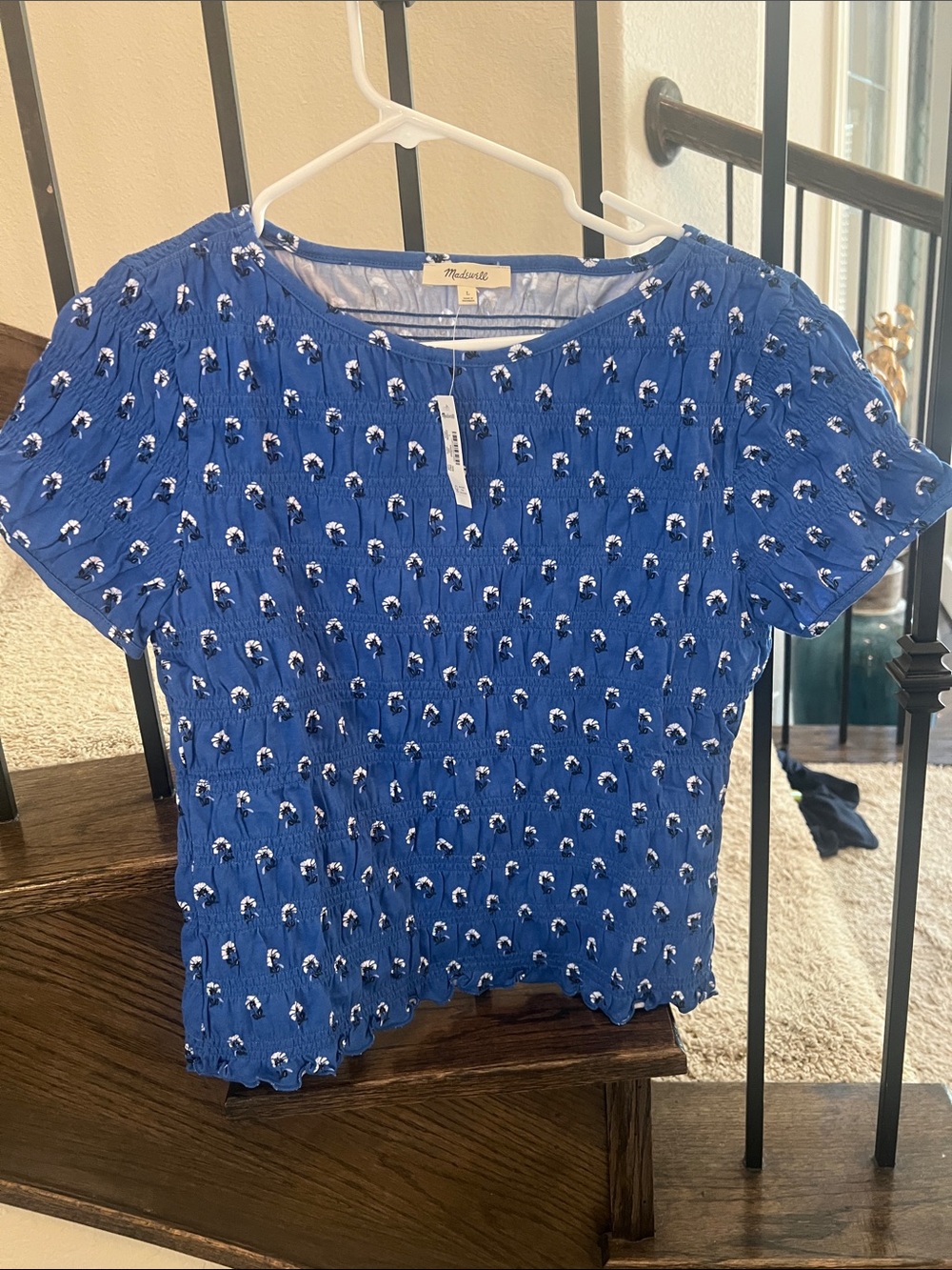 Madewell Cobalt Blue Smocked Tee with White Accent- new with tags still on site
